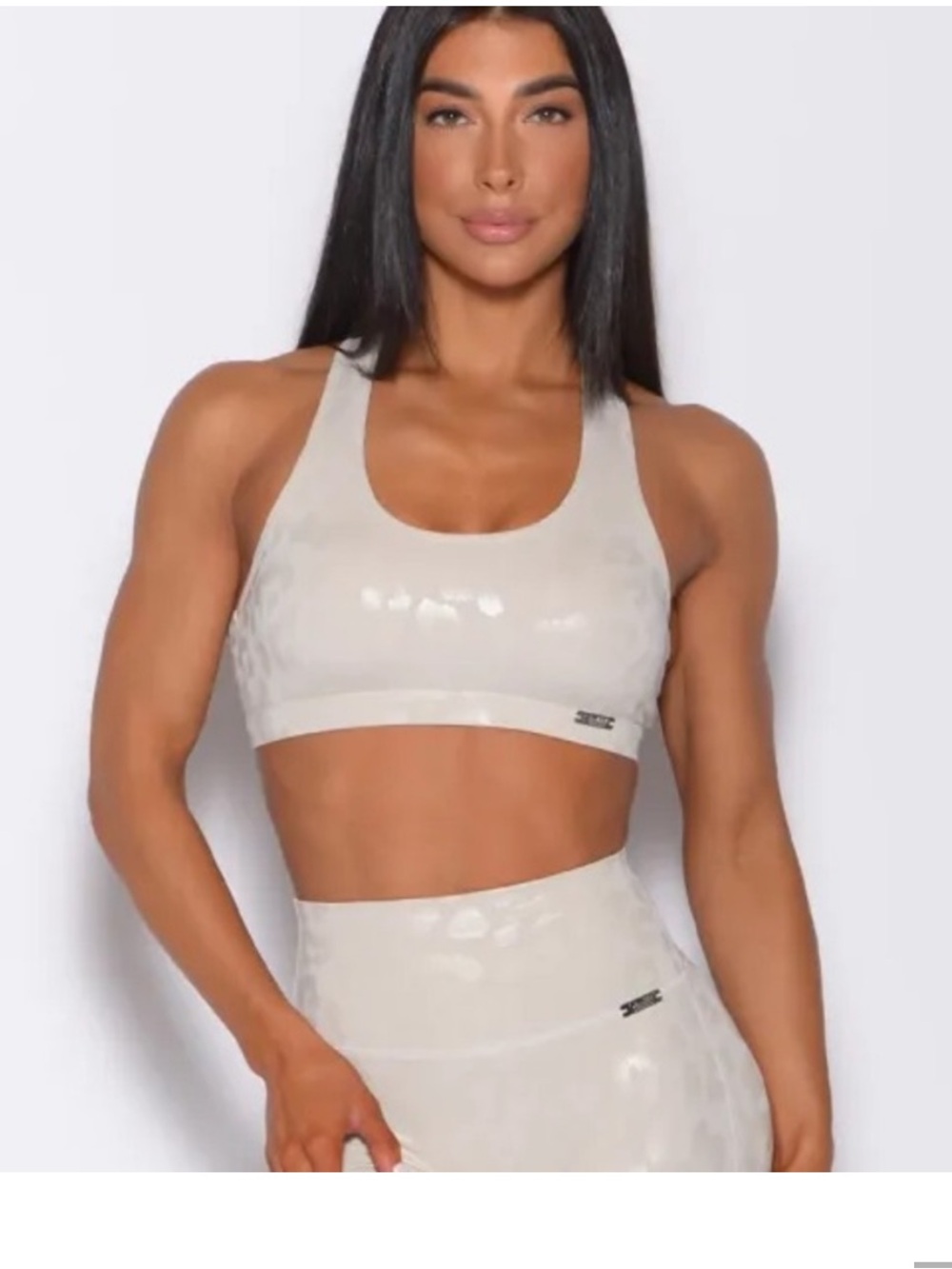 Bombshell Sportswear Cream Leopard Shine Sports Bra Medium